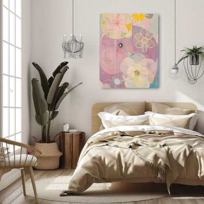 Poster wall art showing 'Petal Hues – Neutral and Pink Flower Motifs' in a bedroom