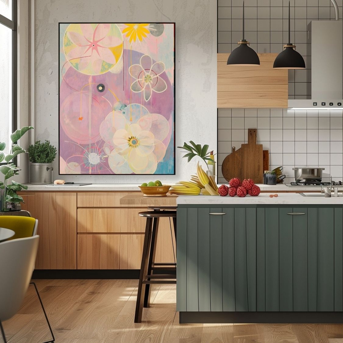 Poster wall art showing 'Petal Hues – Neutral and Pink Flower Motifs' in a kitchen