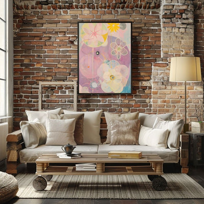 Poster wall art showing 'Petal Hues – Neutral and Pink Flower Motifs' in a brick living room