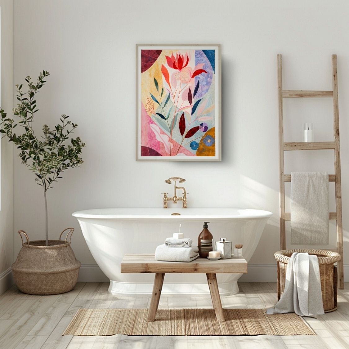 Poster wall art showing 'Petal Mingle – Neutral with Pink Floral Depth' in a bathroom