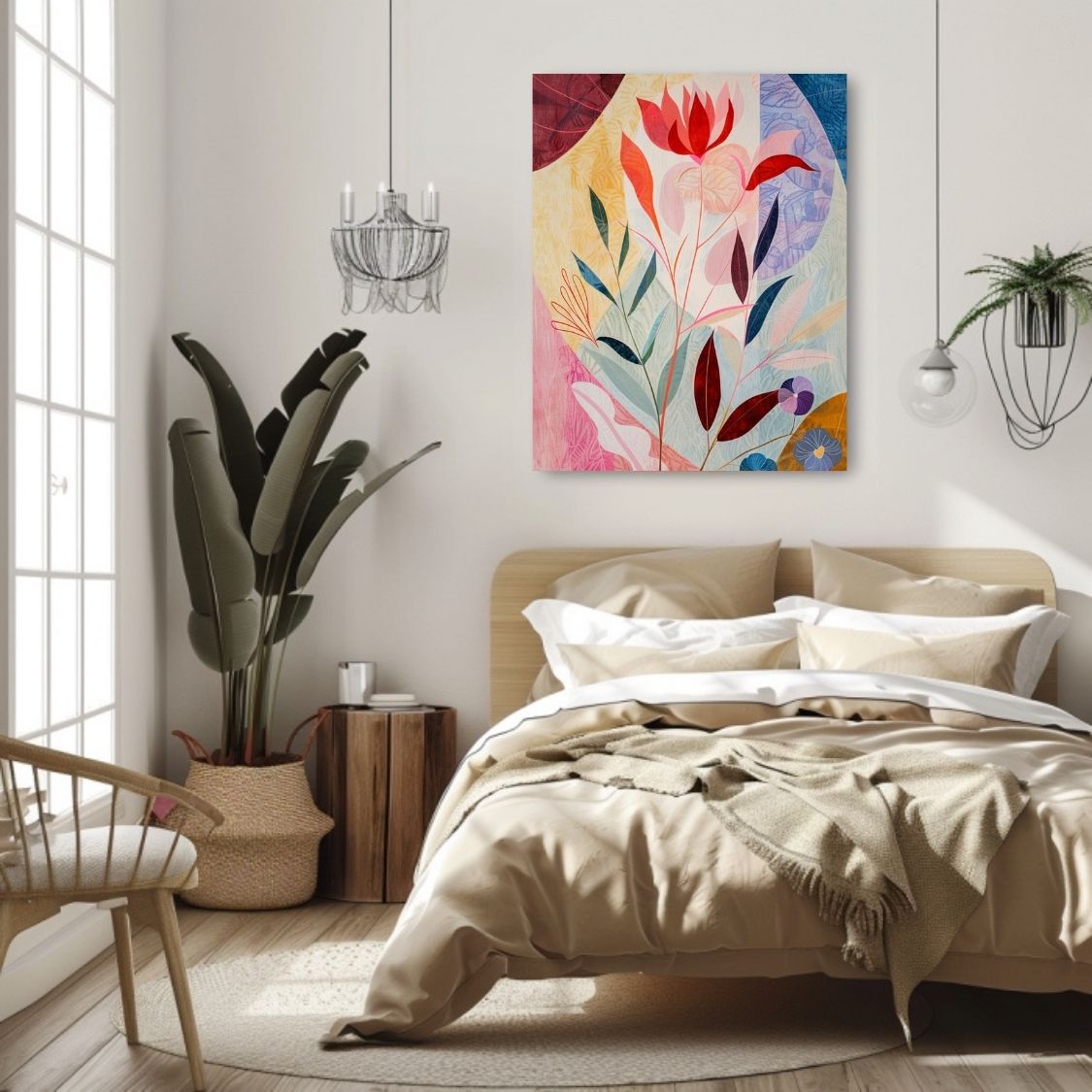 Poster wall art showing 'Petal Mingle – Neutral with Pink Floral Depth' in a bedroom