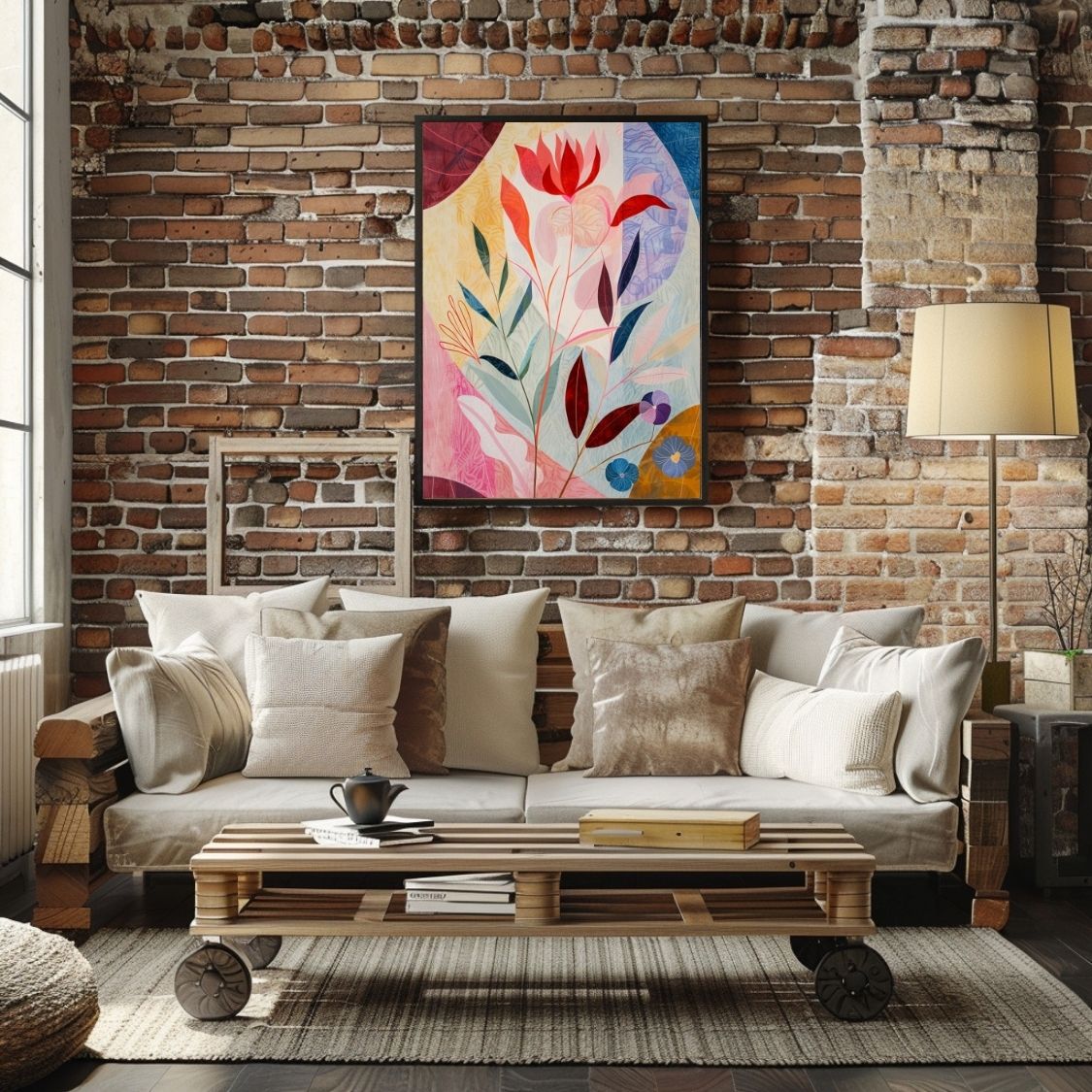 Poster wall art showing 'Petal Mingle – Neutral with Pink Floral Depth' in a brick living room