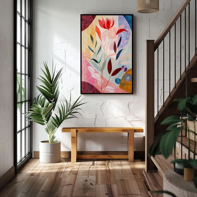 Poster wall art showing 'Petal Mingle – Neutral with Pink Floral Depth' in an entryway