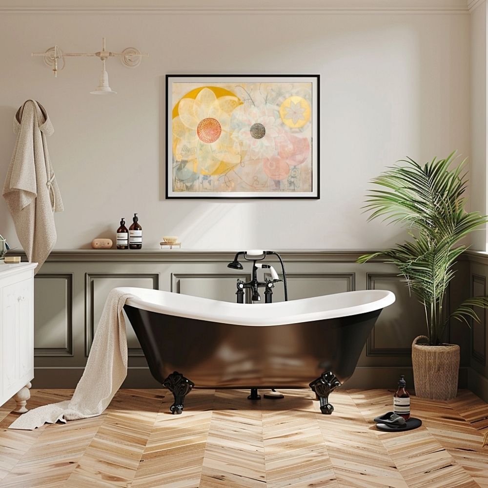 Poster wall art showing 'Petal Play – Neutral Backdrop with Floral Accents' in a bathroom