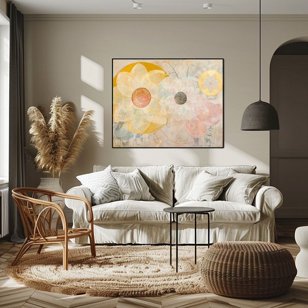 Poster wall art showing 'Petal Play – Neutral Backdrop with Floral Accents' in a boho living room