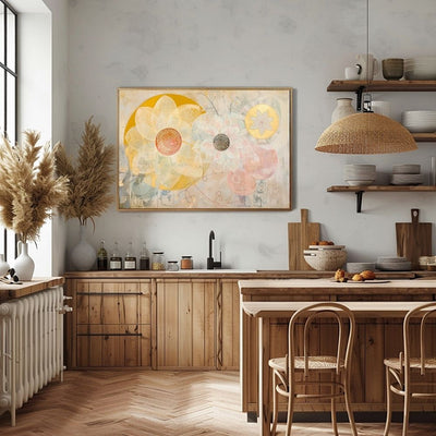 Poster wall art showing 'Petal Play – Neutral Backdrop with Floral Accents' in a cozy kitchen