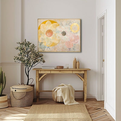 Poster wall art showing 'Petal Play – Neutral Backdrop with Floral Accents' in a hallway