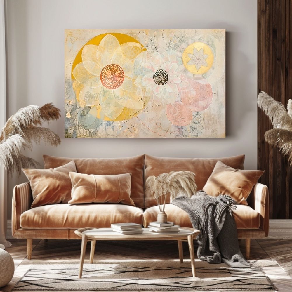 Poster wall art showing 'Petal Play – Neutral Backdrop with Floral Accents' in a modern living room