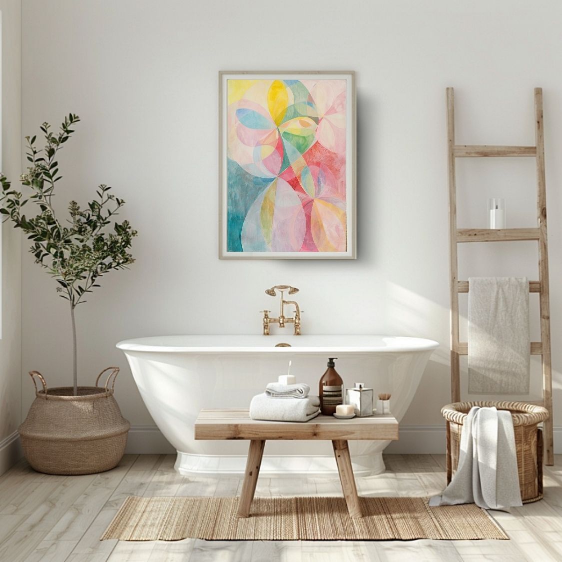 Poster wall art showing 'Petal Symphony – Soft Pinks in Abstract Floral' in a bathroom