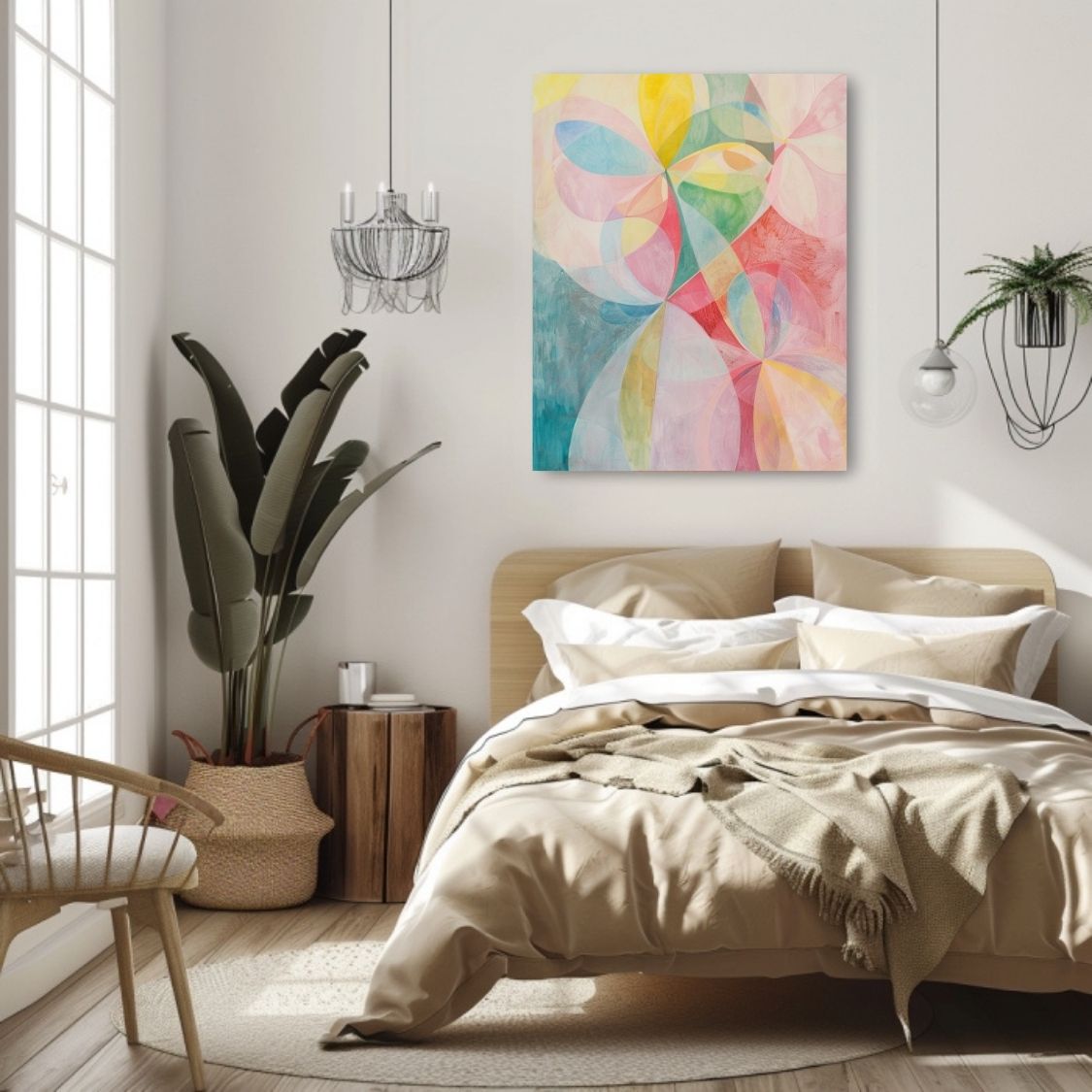 Poster wall art showing 'Petal Symphony – Soft Pinks in Abstract Floral' in a bedroom