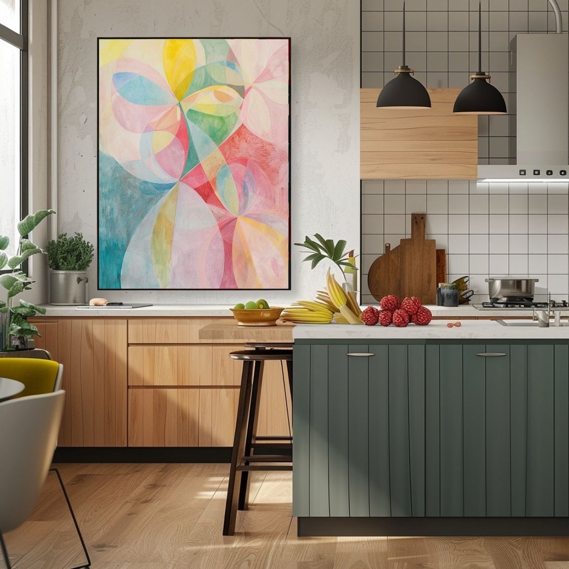 Poster wall art showing 'Petal Symphony – Soft Pinks in Abstract Floral' in a kitchen