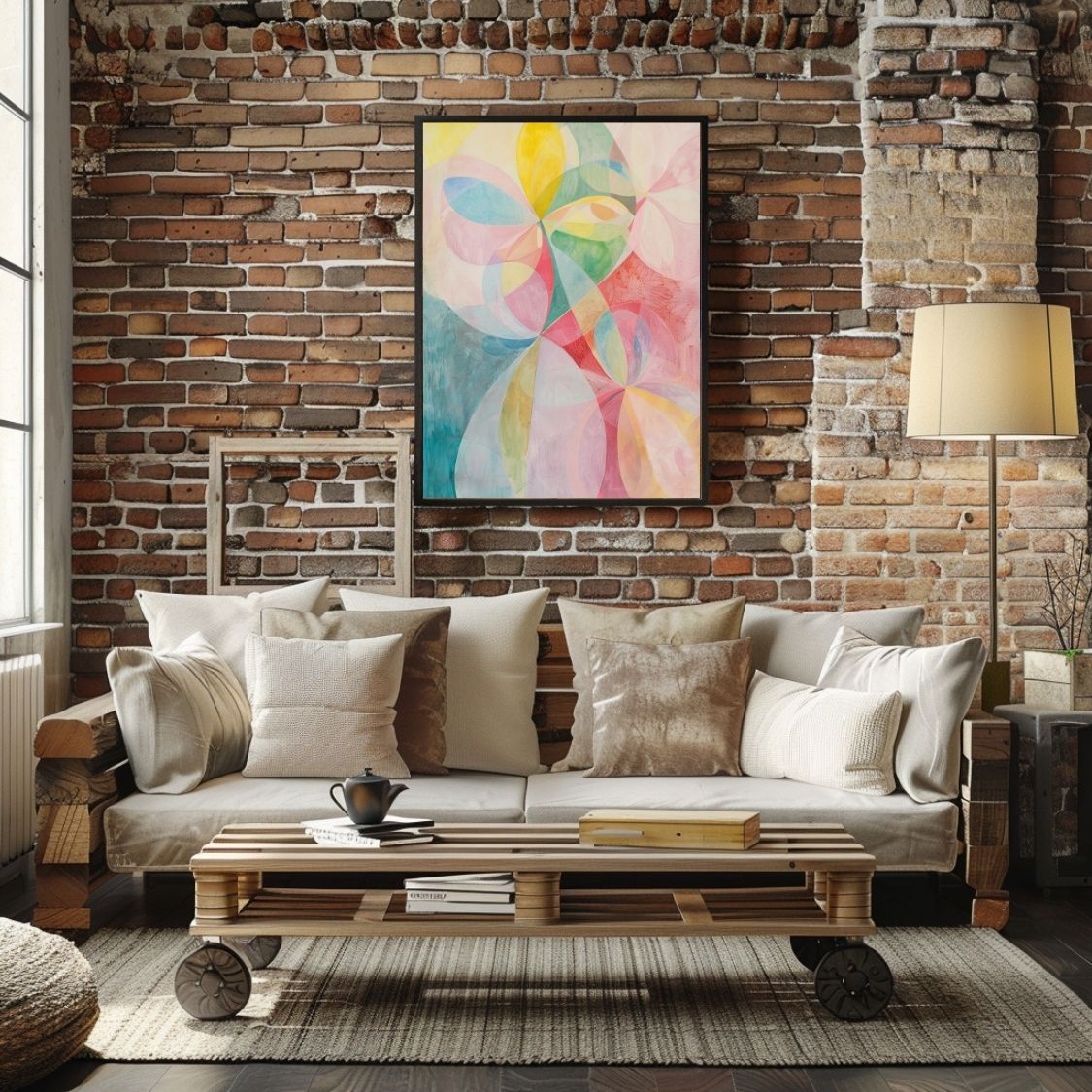 Poster wall art showing 'Petal Symphony – Soft Pinks in Abstract Floral' in a brick living room