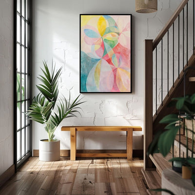 Poster wall art showing 'Petal Symphony – Soft Pinks in Abstract Floral' in an entryway