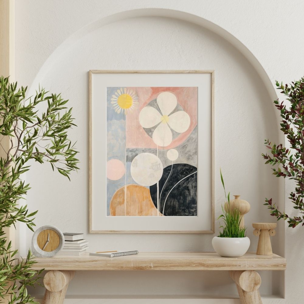 Petals in Softness Art Print – Neutral Floral Design with Pink and Yellow Highlights - Infusion Home