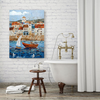 Poster wall art showing 'Pier Peace - Tranquil Seaside Mosaic' in a bathroom