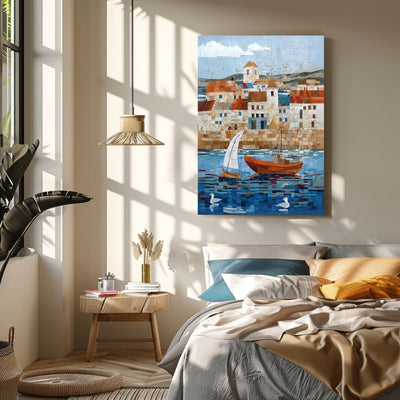 Poster wall art showing 'Pier Peace - Tranquil Seaside Mosaic' in a bedroom