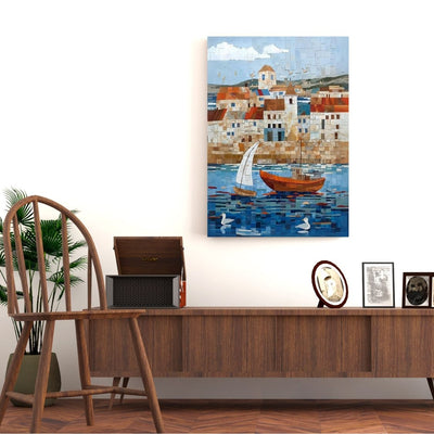 Poster wall art showing 'Pier Peace - Tranquil Seaside Mosaic' in a hallway