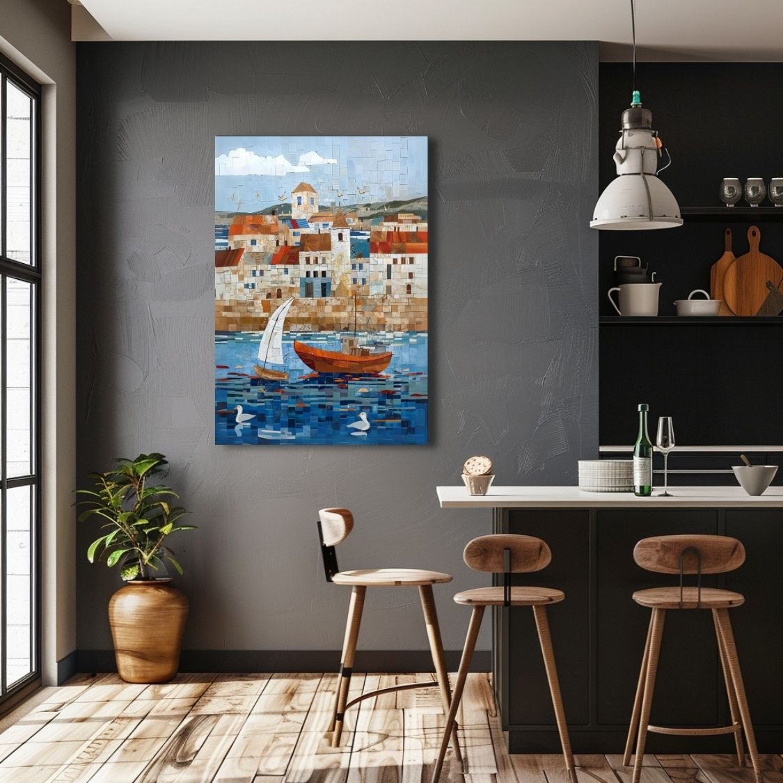 Poster wall art showing 'Pier Peace - Tranquil Seaside Mosaic' in a kitchen