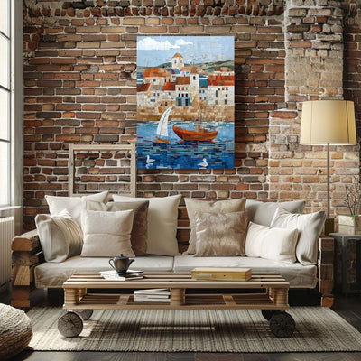 Poster wall art showing 'Pier Peace - Tranquil Seaside Mosaic' in a living room