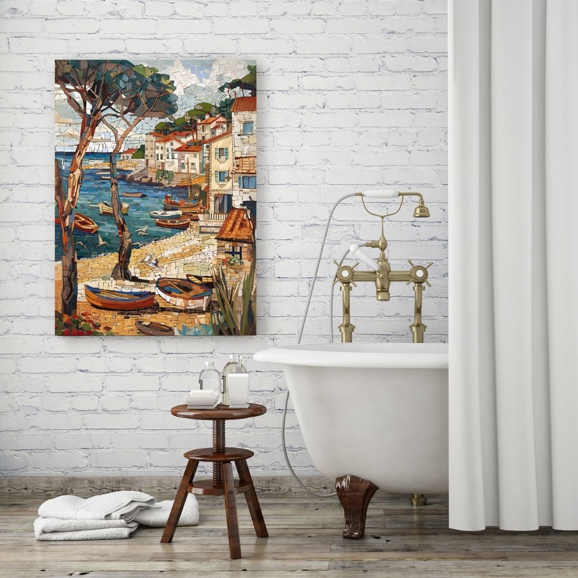 Poster wall art showing 'Quaint Quay-  Mosaic Art of Coastal Villages' in a bathroom