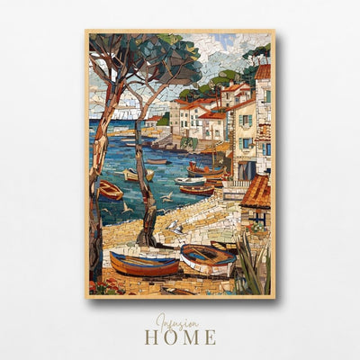 Poster wall art showing 'Quaint Quay-  Mosaic Art of Coastal Villages'