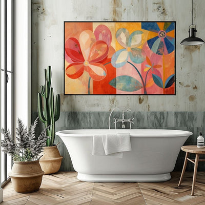 Poster wall art showing 'Radiant Bloom – Bold Bright Floral Art' in a bathroom