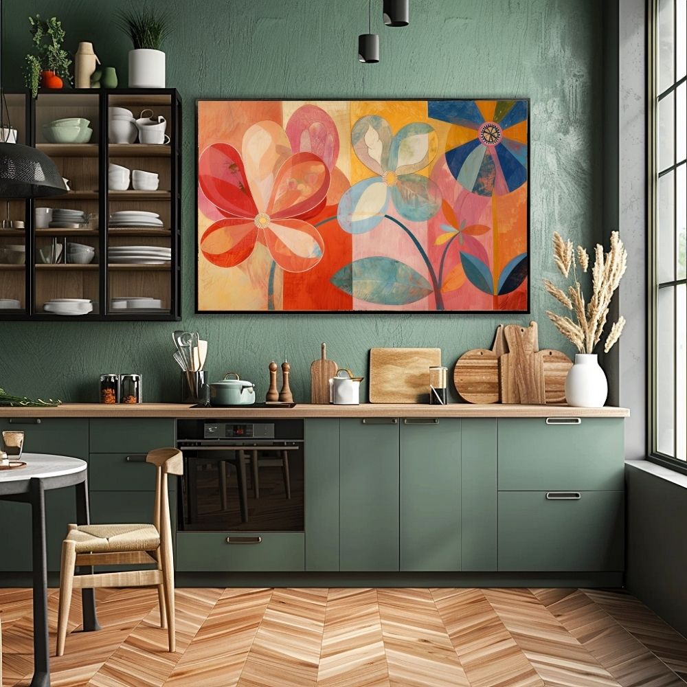 Poster wall art showing 'Radiant Bloom – Bold Bright Floral Art' in a kitchen