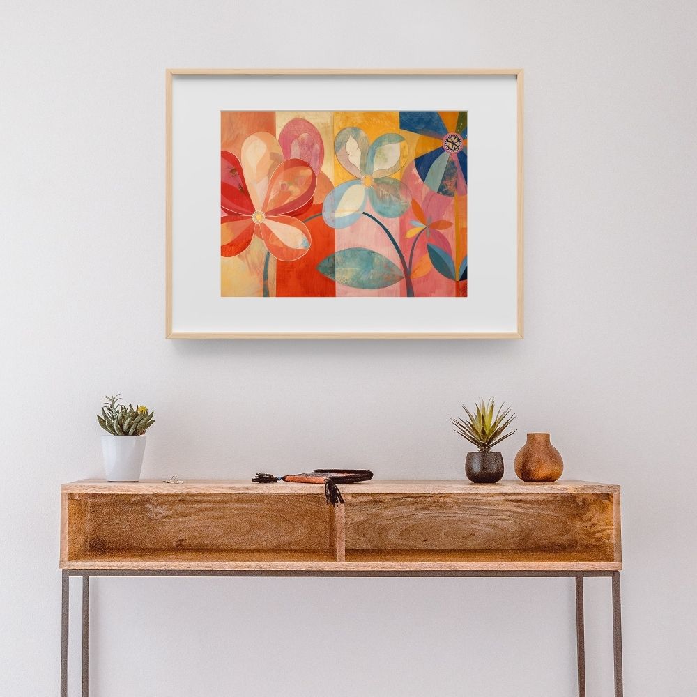 Poster wall art showing 'Radiant Bloom – Bold Bright Floral Art' in a hallway