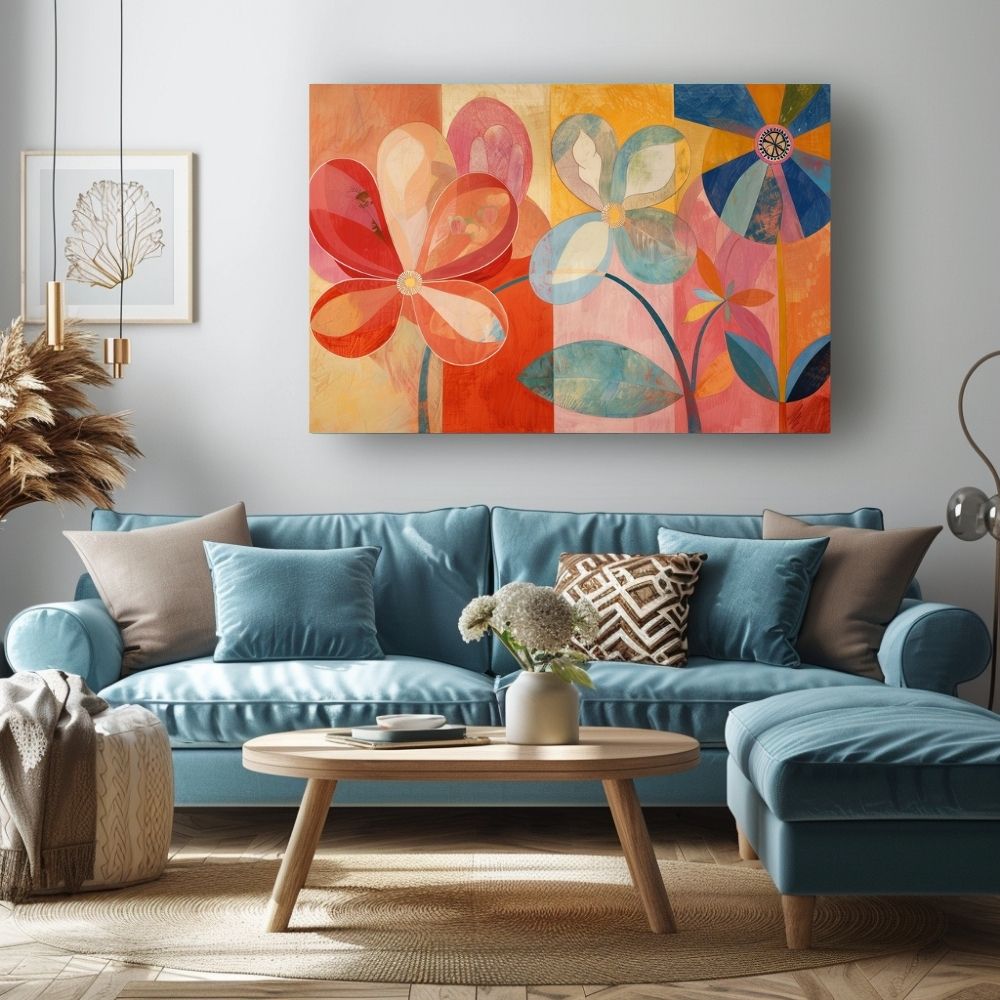 Poster wall art showing 'Radiant Bloom – Bold Bright Floral Art' in a living room