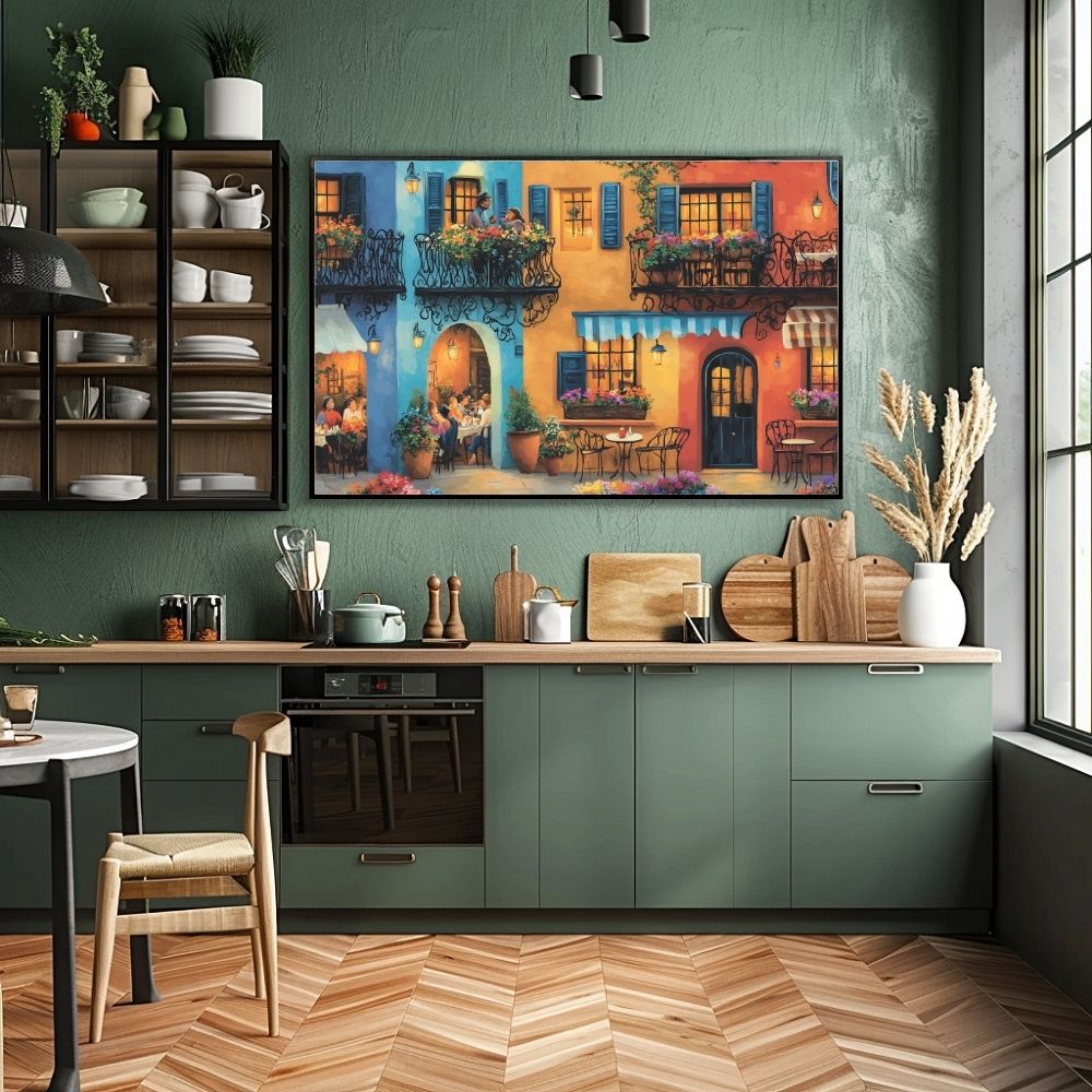Romantic Balcony Chat in a Colorful Cafe Street Scene Digital Download