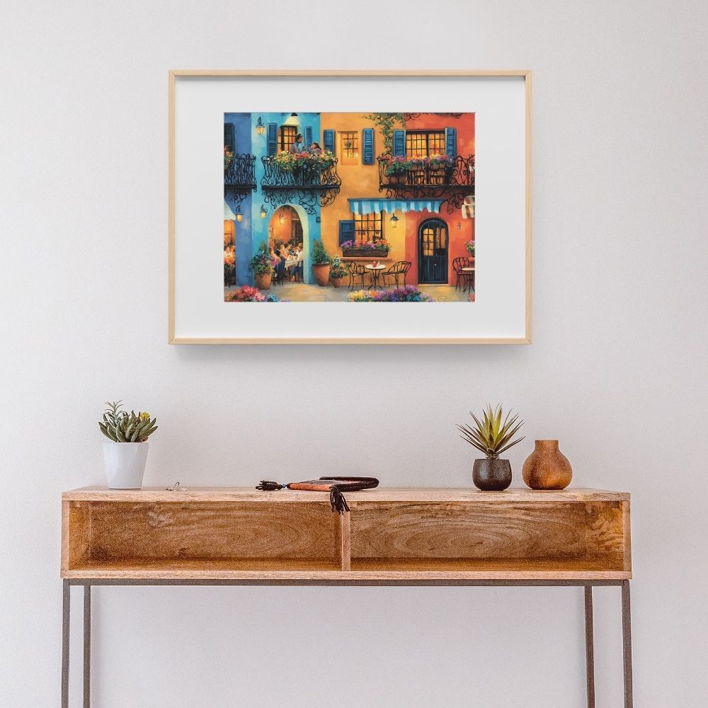Romantic Balcony Chat in a Colorful Cafe Street Scene Digital Download