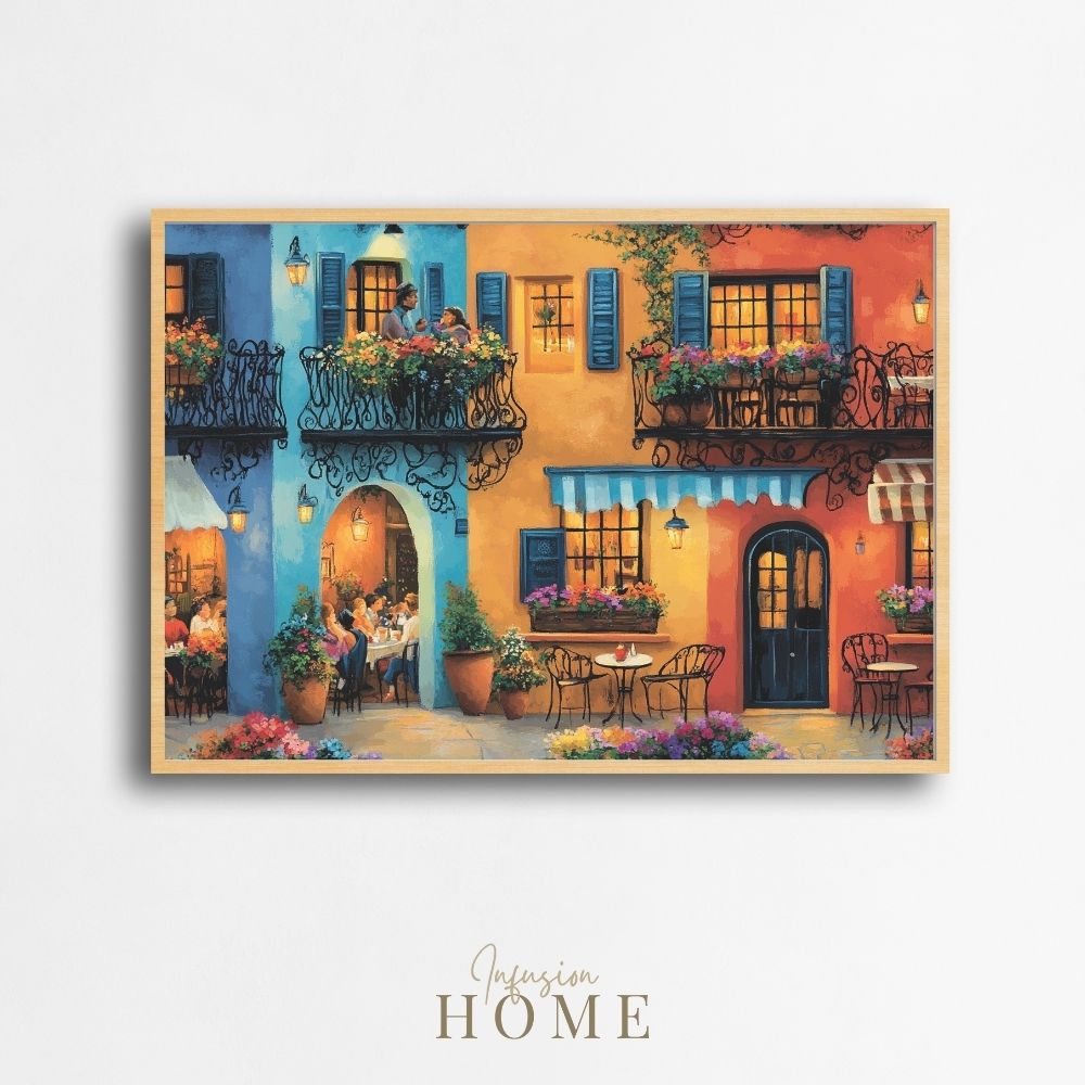 Romantic Balcony Chat in a Colorful Cafe Street Scene Digital Download
