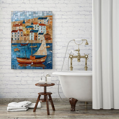 Poster wall art showing 'Sails and Seagulls - Nautical Village Mosaic' in a bathroom