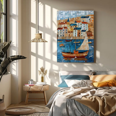 Poster wall art showing 'Sails and Seagulls - Nautical Village Mosaic' in a bedroom