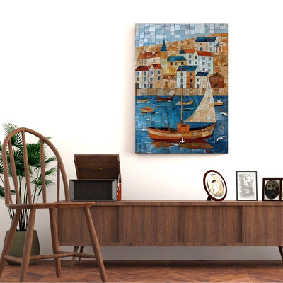 Poster wall art showing 'Sails and Seagulls - Nautical Village Mosaic' in a hallway