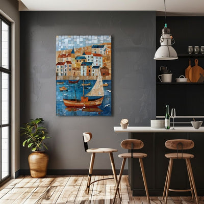 Poster wall art showing 'Sails and Seagulls - Nautical Village Mosaic' in a kitchen