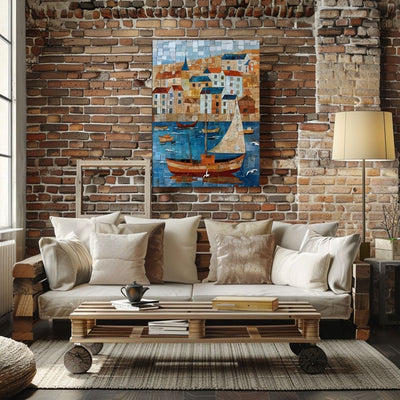 Poster wall art showing 'Sails and Seagulls - Nautical Village Mosaic' in a living room