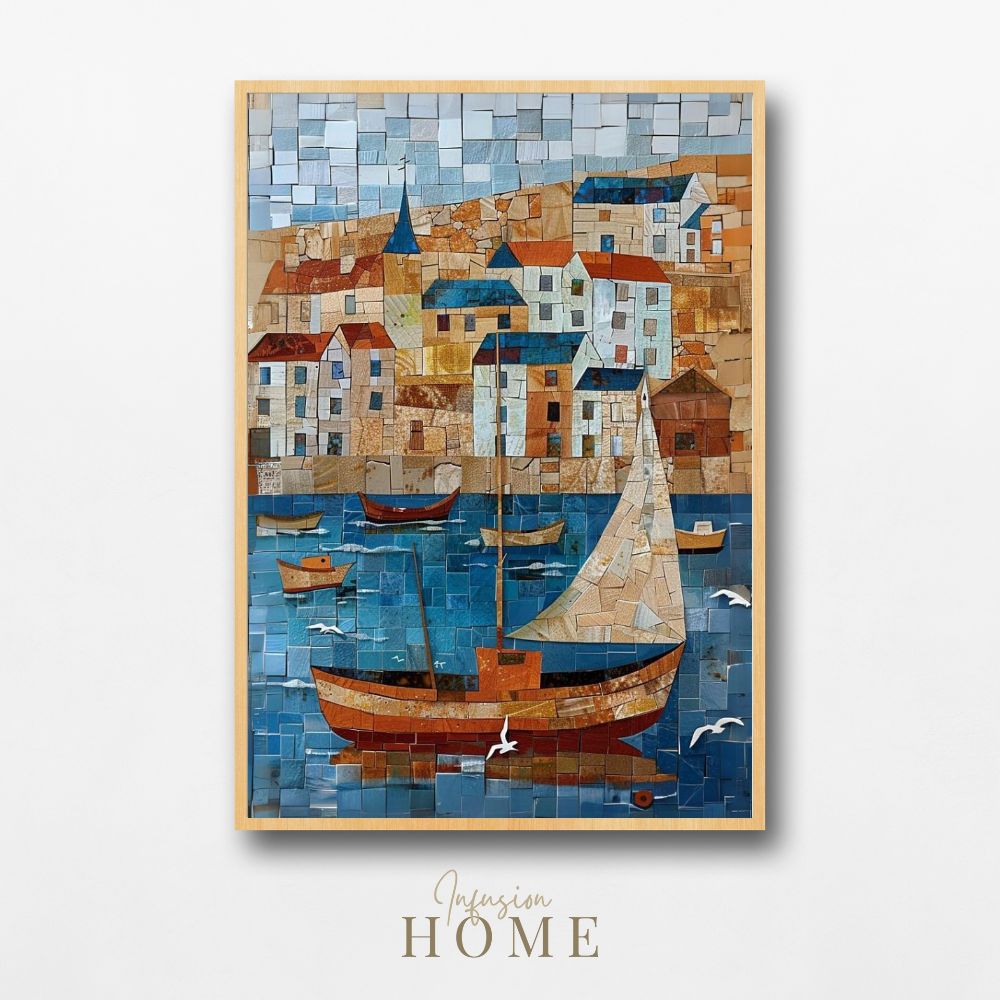 Poster wall art showing 'Sails and Seagulls - Nautical Village Mosaic'