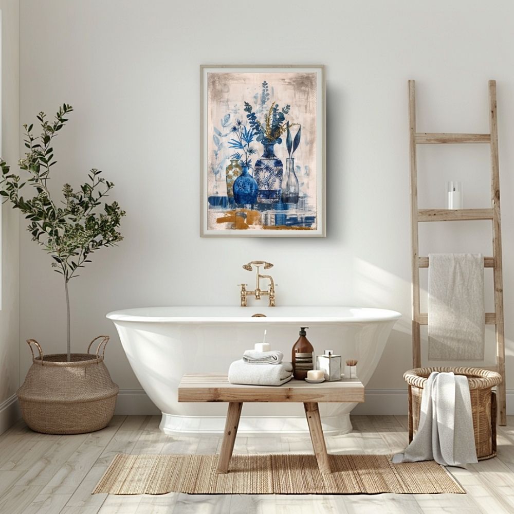 Poster wall art showing 'Sapphire Flora – Deep Blue Botanical Art' in a bathroom