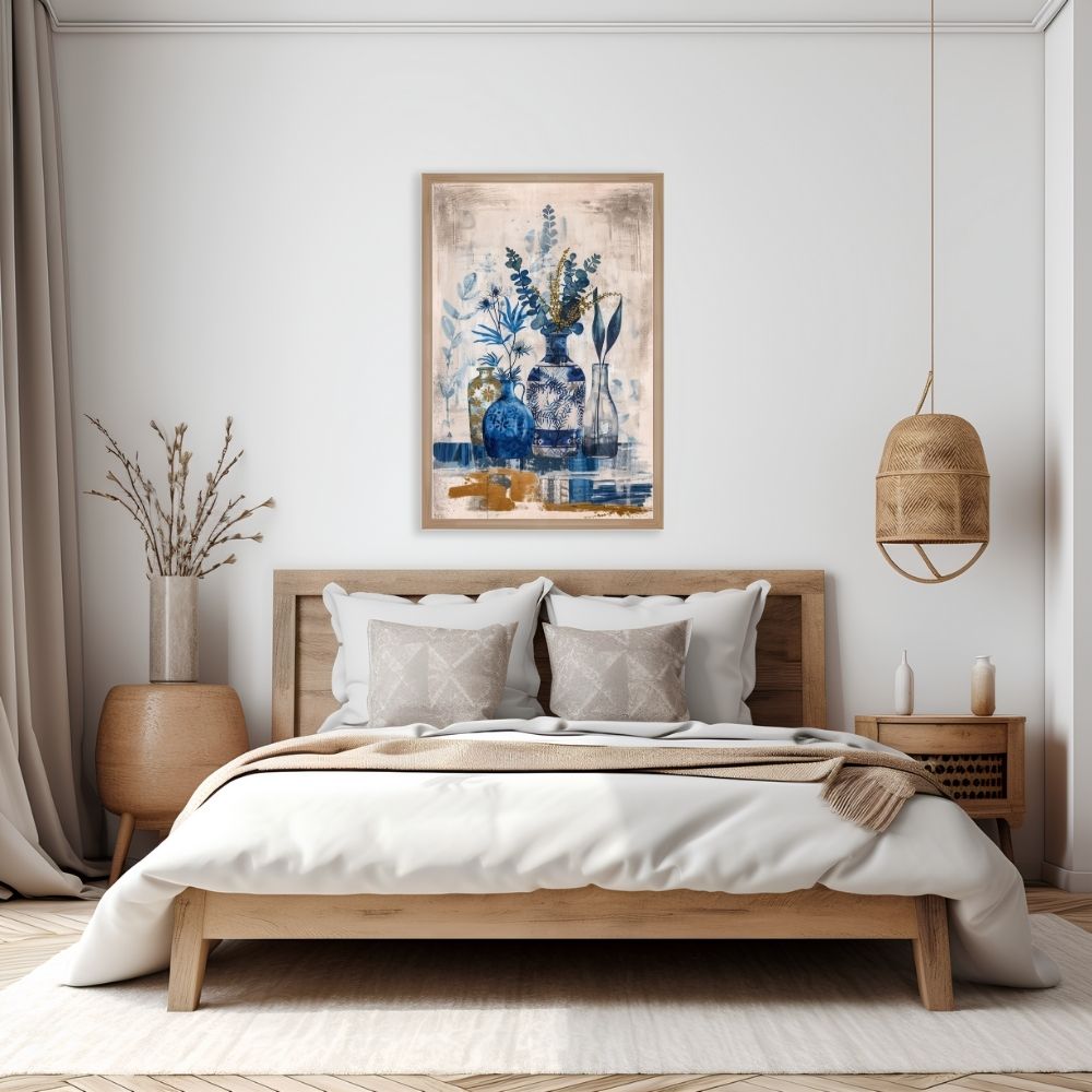 Poster wall art showing 'Sapphire Flora – Deep Blue Botanical Art' in a bedroom