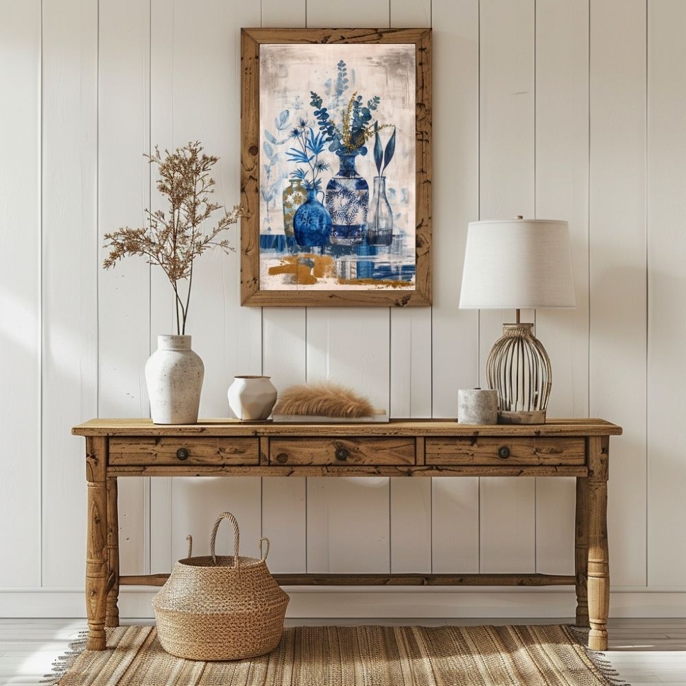 Poster wall art showing 'Sapphire Flora – Deep Blue Botanical Art' in a hallway