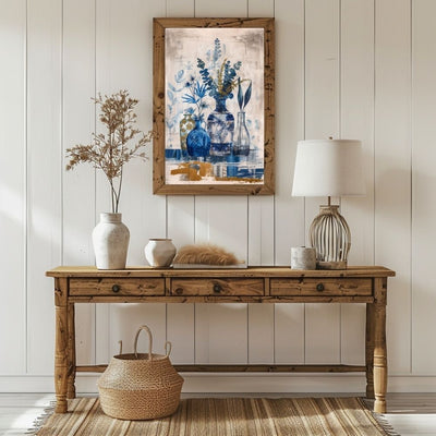 Poster wall art showing 'Sapphire Flora – Deep Blue Botanical Art' in a hallway