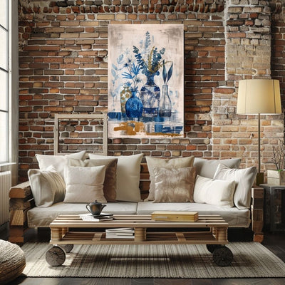 Poster wall art showing 'Sapphire Flora – Deep Blue Botanical Art' in a living room