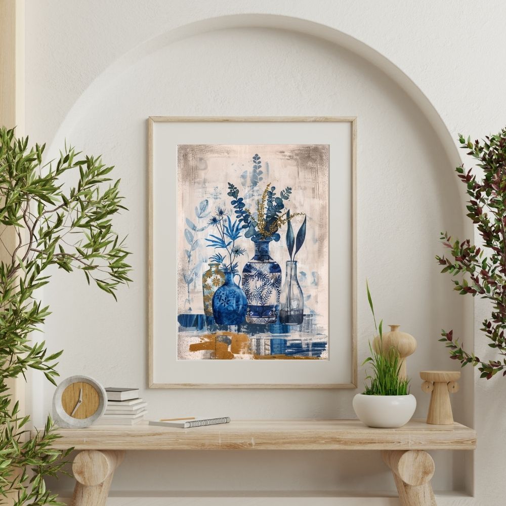 Poster wall art showing 'Sapphire Flora – Deep Blue Botanical Art' on a wall with plants