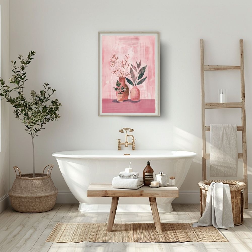 Poster wall art showing 'Simplistic Florals in Vases – Boho Art in Pink Hues' in a bathroom