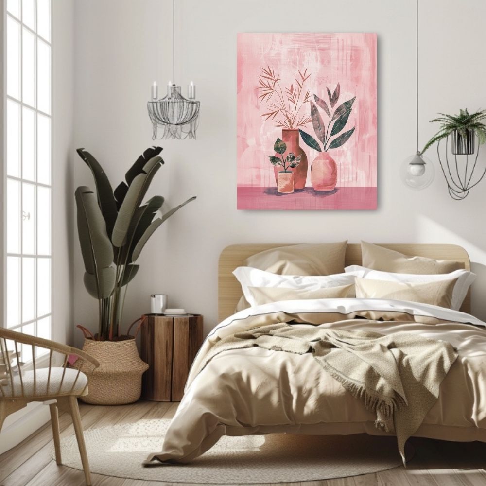 Poster wall art showing 'Simplistic Florals in Vases – Boho Art in Pink Hues' in a bedroom