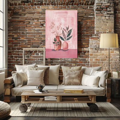 Poster wall art showing 'Simplistic Florals in Vases – Boho Art in Pink Hues' in a living room