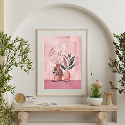 Poster wall art showing 'Simplistic Florals in Vases – Boho Art in Pink Hues' on a wall with plants