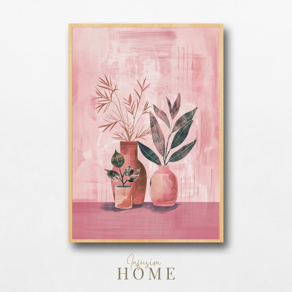 Poster wall art showing 'Simplistic Florals in Vases – Boho Art in Pink Hues'