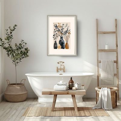 Poster wall art showing 'Simplistic Nature Vases – Neutral Boho Floral Display' in a bathroom